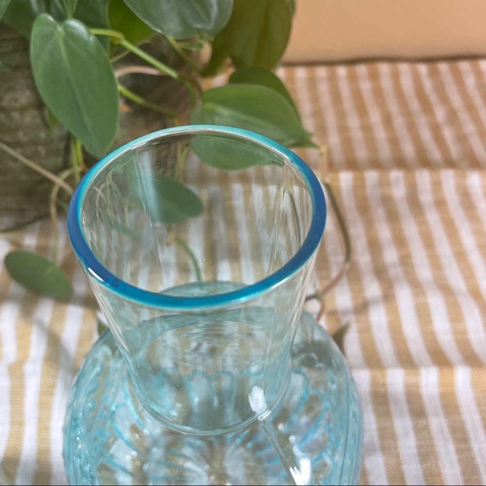 SOLD - Glass Tumble Up Carafe With Cup Blue Glass Embossed - Picture 5 of 7